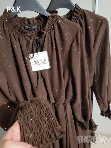 Рокля с блясък в шоколадово кафяво , снимка 3 - Рокли - 52734240