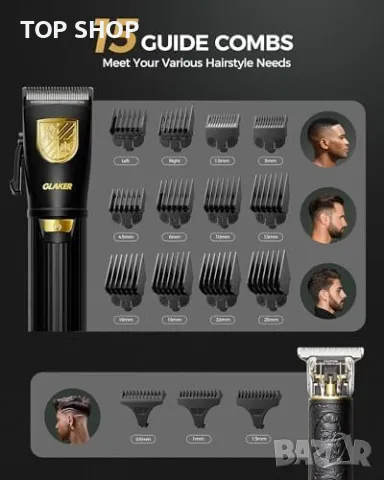 Нов GLAKER Професионален Комплект Машинка за Коса + Триър - 15 Гребена, снимка 7 - Машинки за подстригване - 49321398