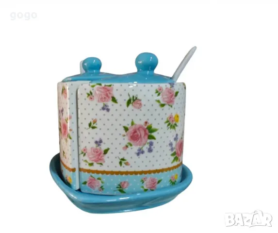 порцеланова захарница, с две лъжички, снимка 1