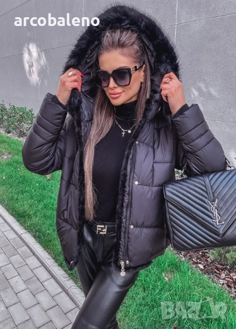 Черно дамско ватирано яке с кожа , снимка 6 - Якета - 52154523