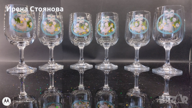 Комплект от уникални, ръчно  рисувани, тънкостенни, кристални чаши за вино. Декор птици, снимка 11 - Чаши - 44890964