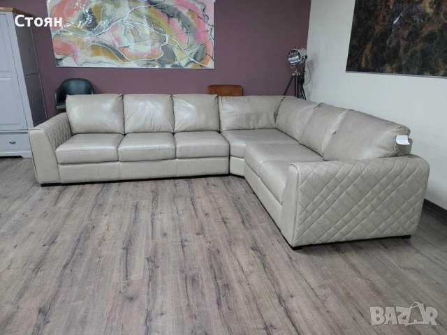 Голям кремав кожен ъглов диван "Mazzini", снимка 3 - Дивани и мека мебел - 43290060