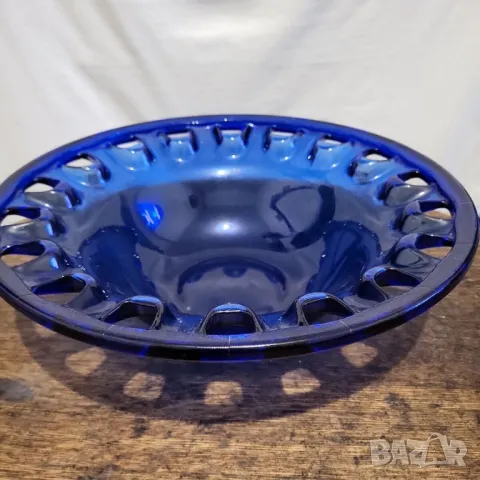 Голяма декоративна ретро кобалтово синя художествена стъклена купа Германия 🇩🇪, снимка 6 - Антикварни и старинни предмети - 47828159