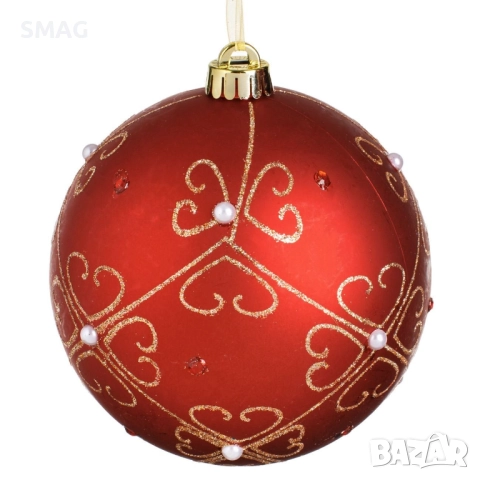 Коледна топка червена мат с флорален мотив Ø15 см_1254113