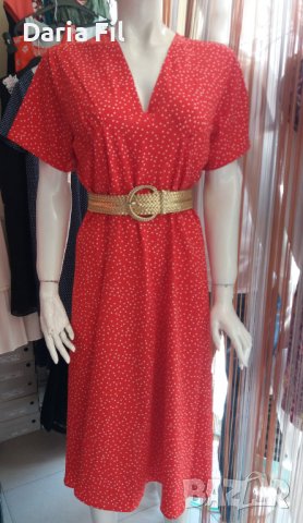 Червена рокля на ситни бели точици с остро деколте, снимка 3 - Рокли - 37500205