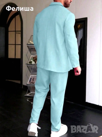 Мъжки Спортно Елегантен Небрежно Модерен Костюм Сияйно Бледо Синьо Сако+Панталон, снимка 2 - Спортни дрехи, екипи - 51007769