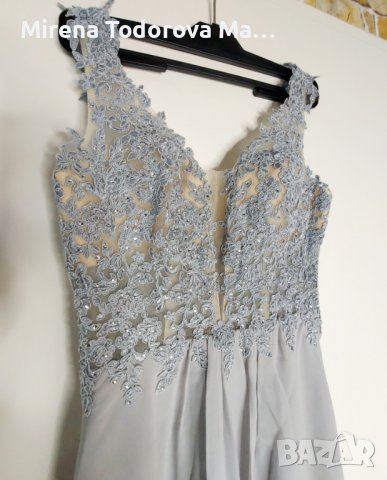 Абитуриентскa рокля. А-силует къса мини шифонова рокля за завръщане с V-образно деколте и мъниста. E, снимка 4 - Рокли - 36671584