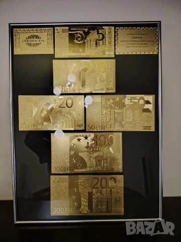 Колекция от позлатени Евро банкноти в сребриста рамка., снимка 3 - Картини - 53157754