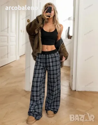Модни дамски ежедневни карирани широки панталони, снимка 2 - Панталони - 48709161