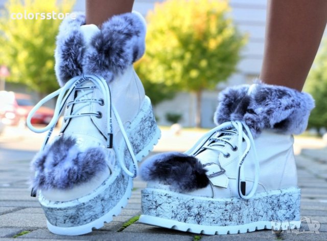 Боти на платформа - бели с ЕСТЕСТВЕН пух - PUH, снимка 2 - Дамски боти - 35099769