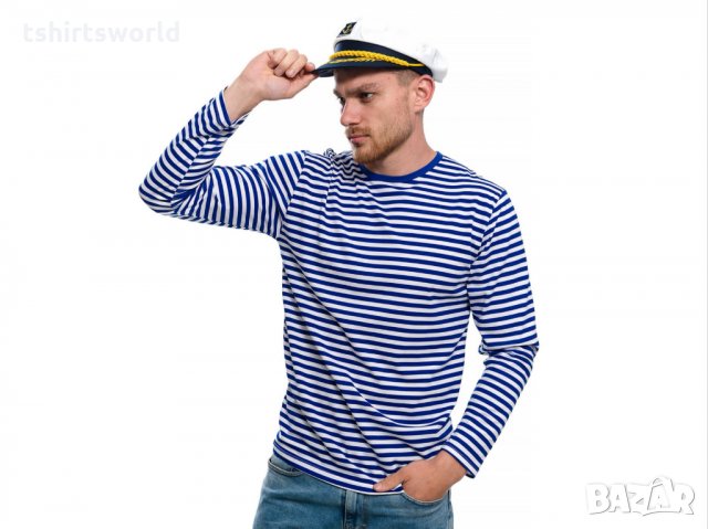 Нов мъжки моряшки комплект: моряшка блуза с дълъг ръкав и капитанска шапка, снимка 12 - Блузи - 32771009