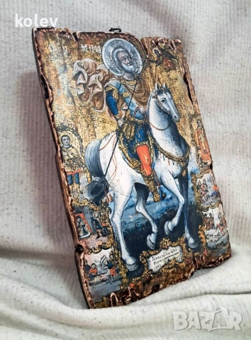 Реплика на икона Свети Мина на кон със светци 30/20 см - УНИКАТ, декупаж, 110 лв, снимка 4 - Икони - 37177568