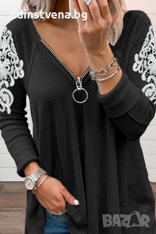 Дамска блуза в черно с дълги ръкави с бродерия и деколте с цип, снимка 6 - Блузи с дълъг ръкав и пуловери - 43503270