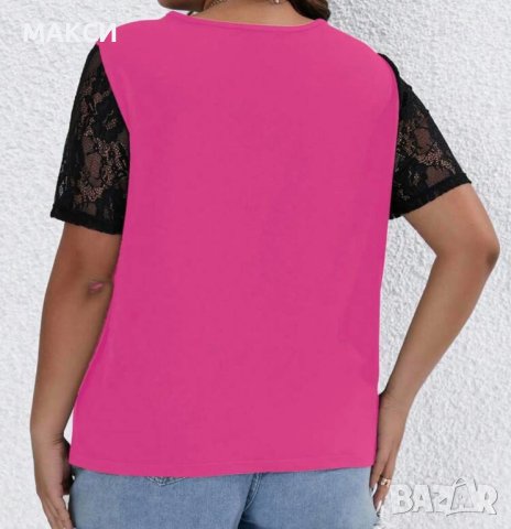 Красива блуза в цикламено с черна дантела, меко еластично трико, снимка 2 - Тениски - 43249353