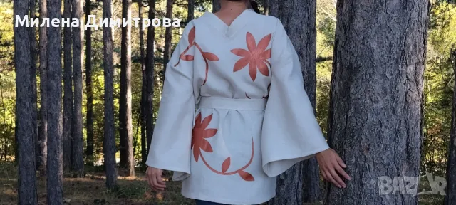 Ръчно рисувано ленено кимоно , снимка 4 - Сака - 48868514