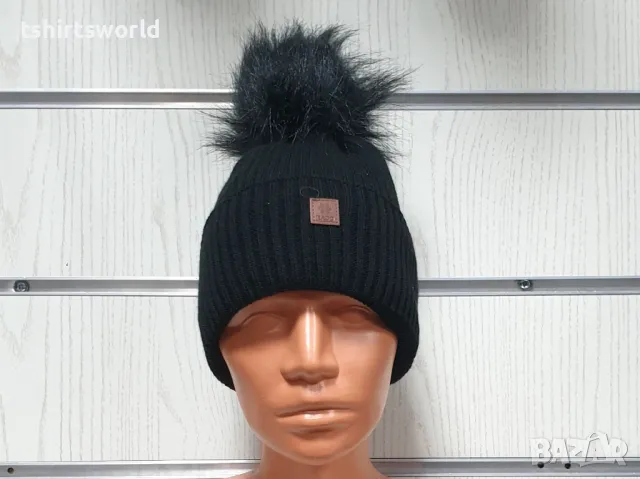 Нова зимна топла дамска шапка Silver Star в черен цвят с пух/помпон, снимка 6 - Шапки - 47926632