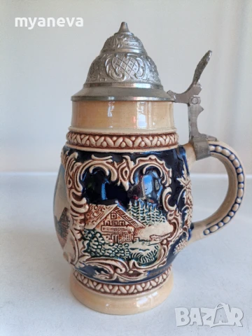 Халба за бира, немска с богата орнаментика и метален капак . , снимка 4 - Чаши - 50819969