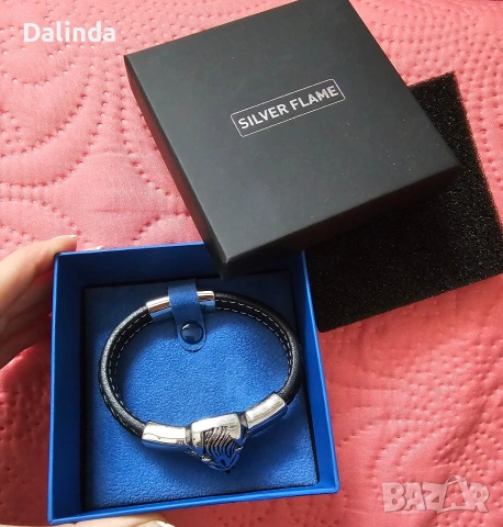 Мъжка гривна от естествена кожа, сребро и стомана. , снимка 6 - Гривни - 53443523