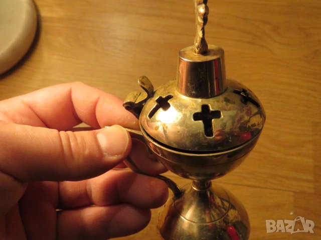 Старинно солидно бронзово кадило кръстове, тамянник 14 см, религия 21 г, Царство България църква, снимка 2 - Антикварни и старинни предмети - 39877348