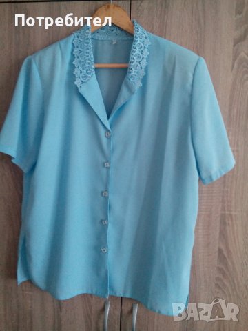 Синя риза къс ръкав № 50- Яка с рязана бродерия