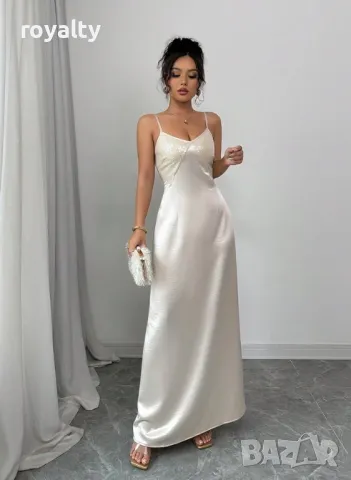 Елегантна сатенена рокля в цвят шампанско от тъкан плат 🥥, снимка 6 - Рокли - 49205541