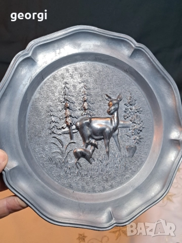 декоративна калаена чиния с ловен мотив 28/4 , снимка 4 - Декорация за дома - 51916523