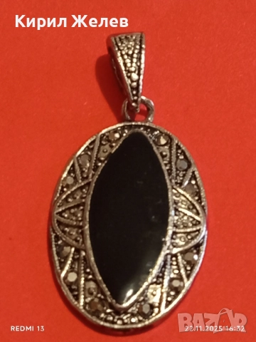 СРЕБРИСТ МЕДАЛЬОН в СТИЛ АРТ ДЕКО с ЧЕРЕН ОНИКС и МАРКАЗИТ 52164, снимка 5 - Колиета, медальони, синджири - 52503788