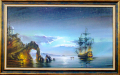 Лунна нощ, морски пейзаж с кораб, картина 