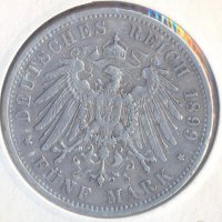 Прусия 5 марки 1899 година, 528 хиляди тираж, снимка 1 - Нумизматика и бонистика - 38668662