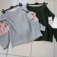 Пуловер със естествен пух на ръкава в черно и зелено - ( М, Л и ХЛ), снимка 2 - Блузи с дълъг ръкав и пуловери - 26613300