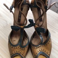 Елегантни сандали на ток, златни и сини, Cristhelen B. , 37 , снимка 1 - Сандали - 36687789