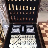 Комплект от три настолни игри - шах, домино и карти, снимка 1 - Шах и табла - 44001876