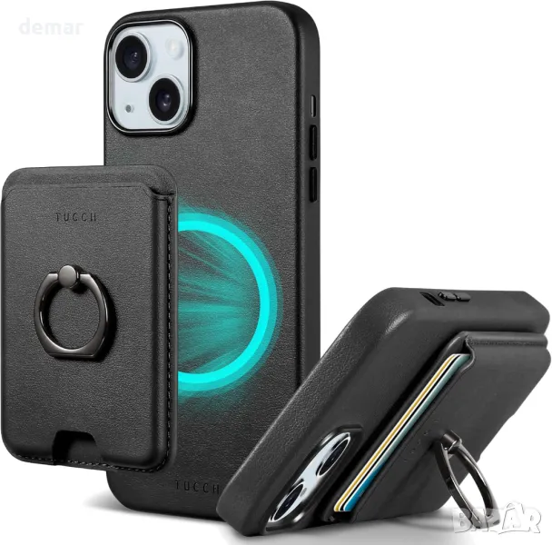 TUCCH кожен калъф за iPhone 15 Plus с отделение за карти, черен, снимка 1