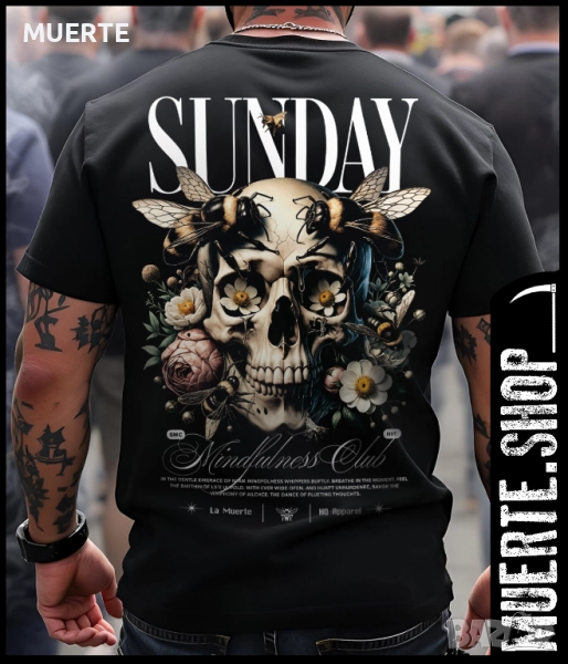 Черна тениска с щампа SUNDAY BEES SKULL, снимка 1