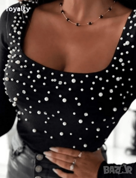 Дамска черна блуза с перли, снимка 1