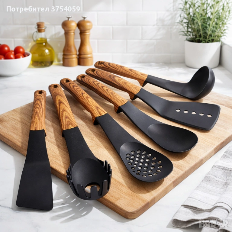 Комплект кухненски прибори 6 части с въртяща се стойка Cheffinger – дървесна визия, практичен и стил, снимка 1