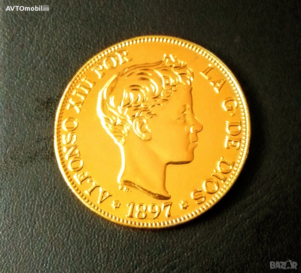 Позлатена Испанска голяма монета (41 ММ) 100 песети, снимка 1