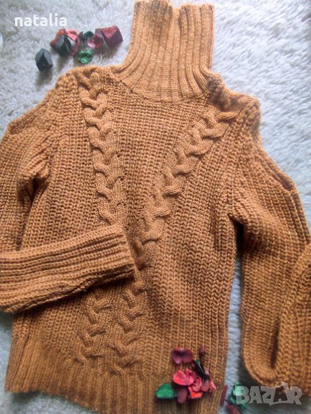 Дамски пуловер с голи рамене в цвят кафяв Рр S, снимка 1