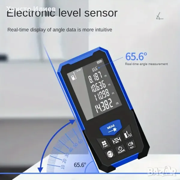 Лазерна ролетка измерване на ъгъл Електронна дигитална с дисплей 100м обхват далекомер рулетка, снимка 1