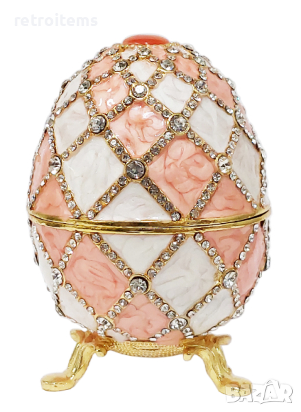 Фаберже стил, яйце-кутийка за бижута, инкрустирана с кристали, в луксозна подаръчна кутия., снимка 1