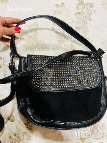 Черна дамска чанта с камъни и велур , снимка 6 - Чанти - 43024603