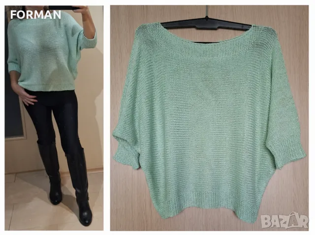 Светлозелен пуловер със златиста нишка , снимка 1