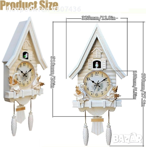 Бял стенен часовник с кукувица,форма на къща,безшумен, регулируема сила на звука, снимка 17 - Стенни часовници - 52116104