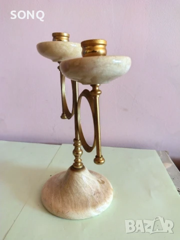 Страхотен Свещник Оникс И Позлата, снимка 4 - Антикварни и старинни предмети - 51155967