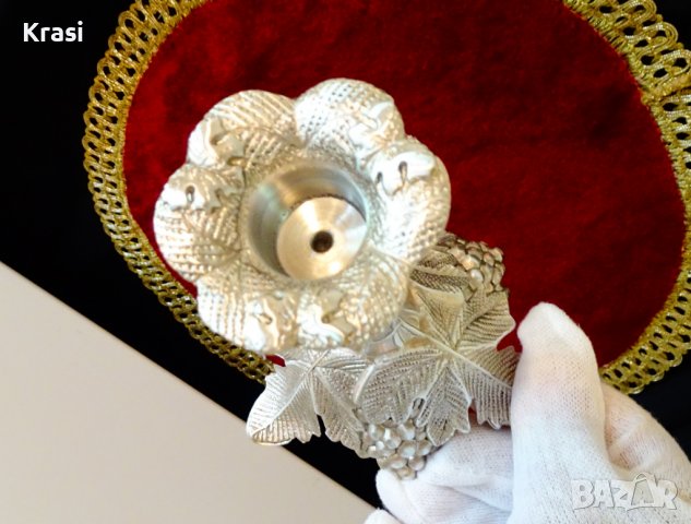 Посребрен свещник лози с грозде,маркиран, снимка 3 - Антикварни и старинни предмети - 38272998