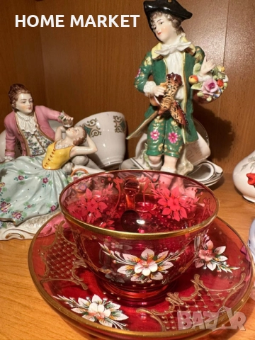 EGERMANN BOHEMIAN RUBY RED CRYSTAL Cup and Saucer - невероятно красив и стилен двоен сет , снимка 5 - Антикварни и старинни предмети - 52638785