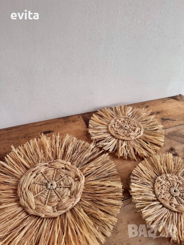 🌿 Стилни стенни декорации от рафия – комплект 3 броя, уникален арт декор, снимка 3 - Декорация за дома - 53536678