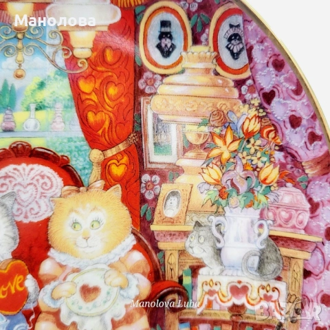 Колекционерска порцеланова чиния Wconker Wuv от серията Holiday Cat Plate на Franklin Mint., снимка 3 - Други ценни предмети - 52058889