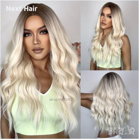 Висококачествена светло руса чуплива перука с тъмни корени на път, снимка 5 - Аксесоари за коса - 51058457