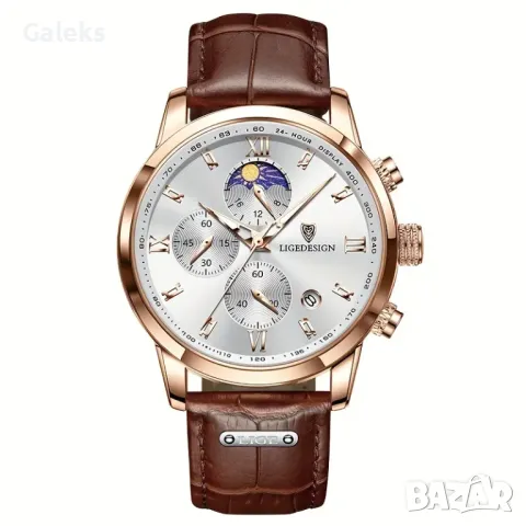 Мъжки кварцов хронограф LIGE*/ Бизнес стил с кафява каишка, дата и функция за ден и нощ!, снимка 4 - Мъжки - 49934355